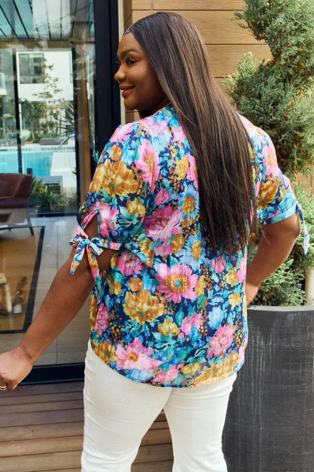 Petal Dew, Floral V-Neck Tie Detail Blouse