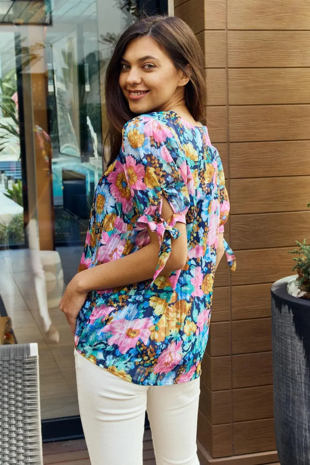 Petal Dew, Floral V-Neck Tie Detail Blouse