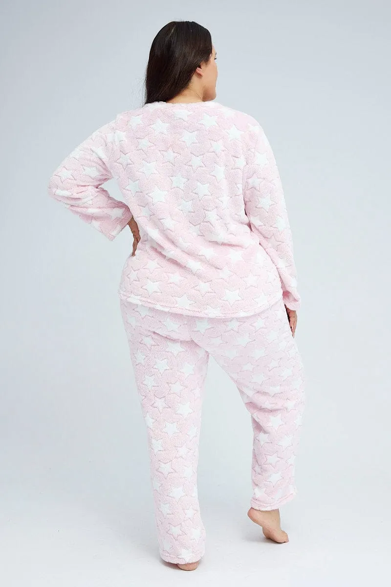 Pink Print Fluffy Fleece Star Print Pj Two Piece Pyjama Set