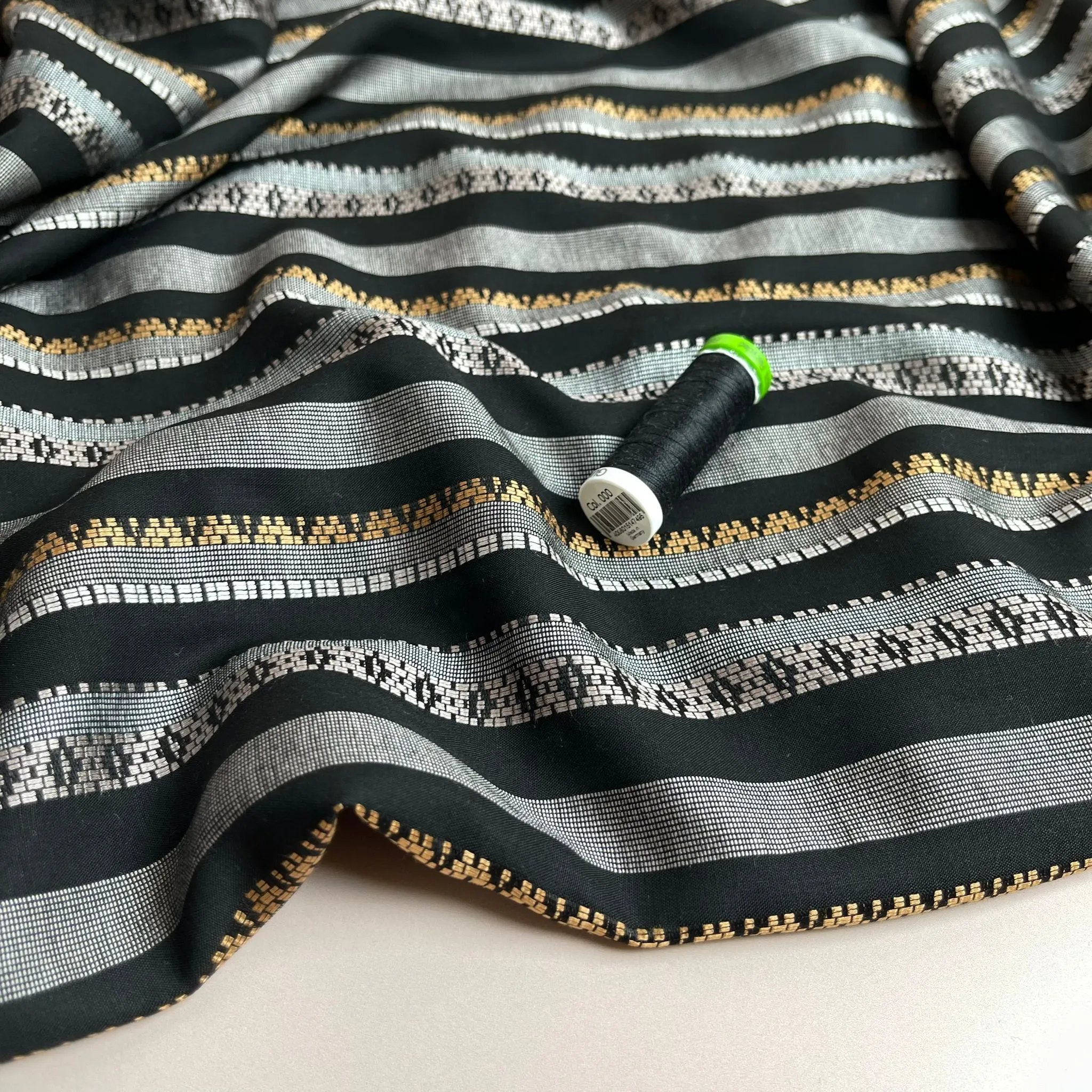 REMNANT 0.28 Metres - Yarn Dyed Embroidered Stripes on Black Viscose Fabric