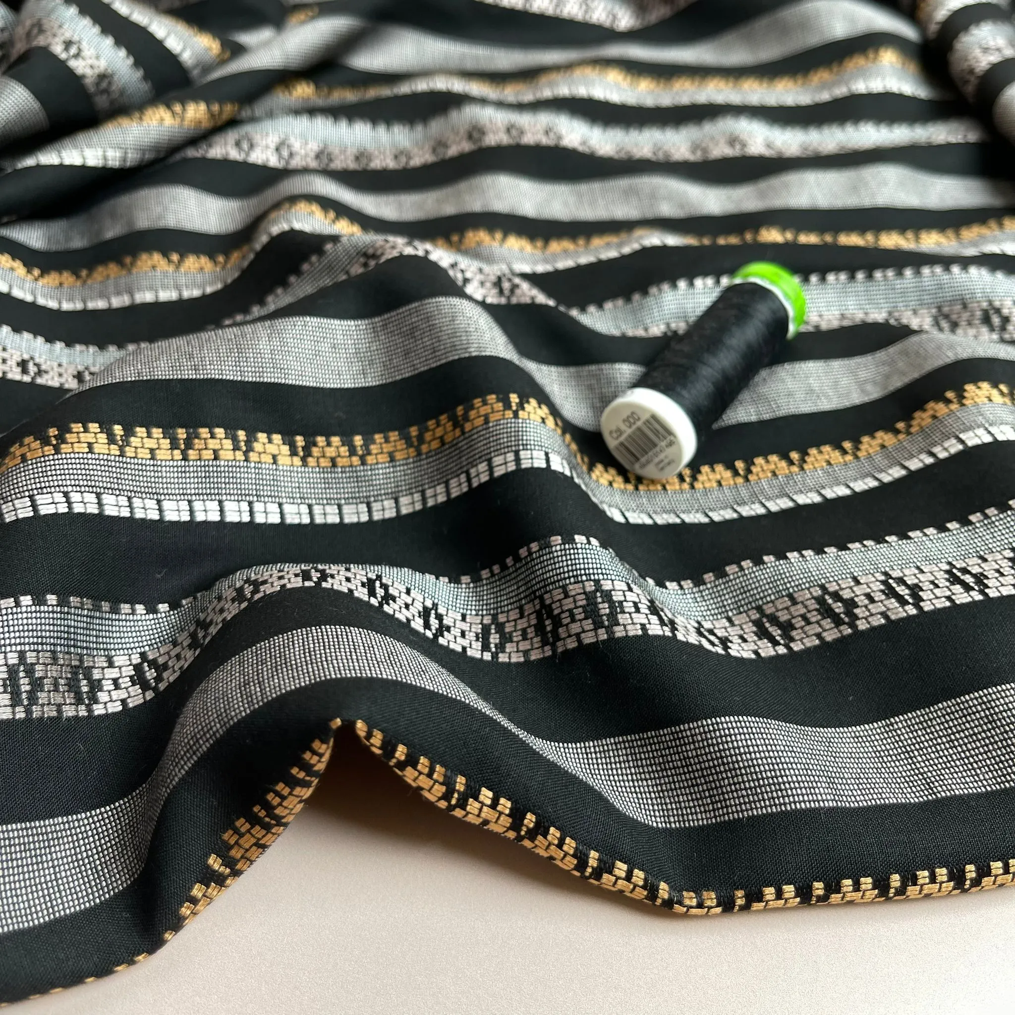 REMNANT 0.28 Metres - Yarn Dyed Embroidered Stripes on Black Viscose Fabric