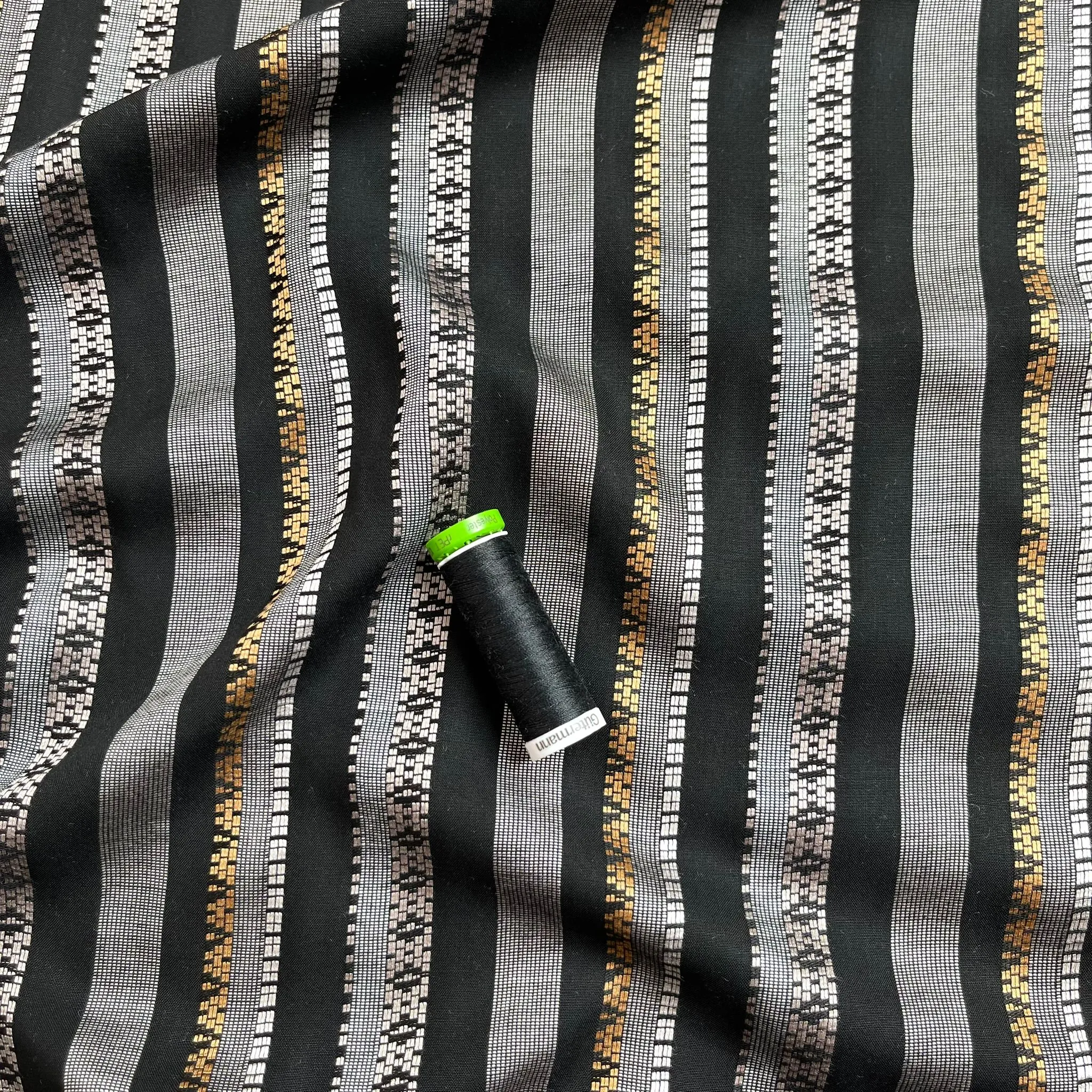 REMNANT 0.28 Metres - Yarn Dyed Embroidered Stripes on Black Viscose Fabric