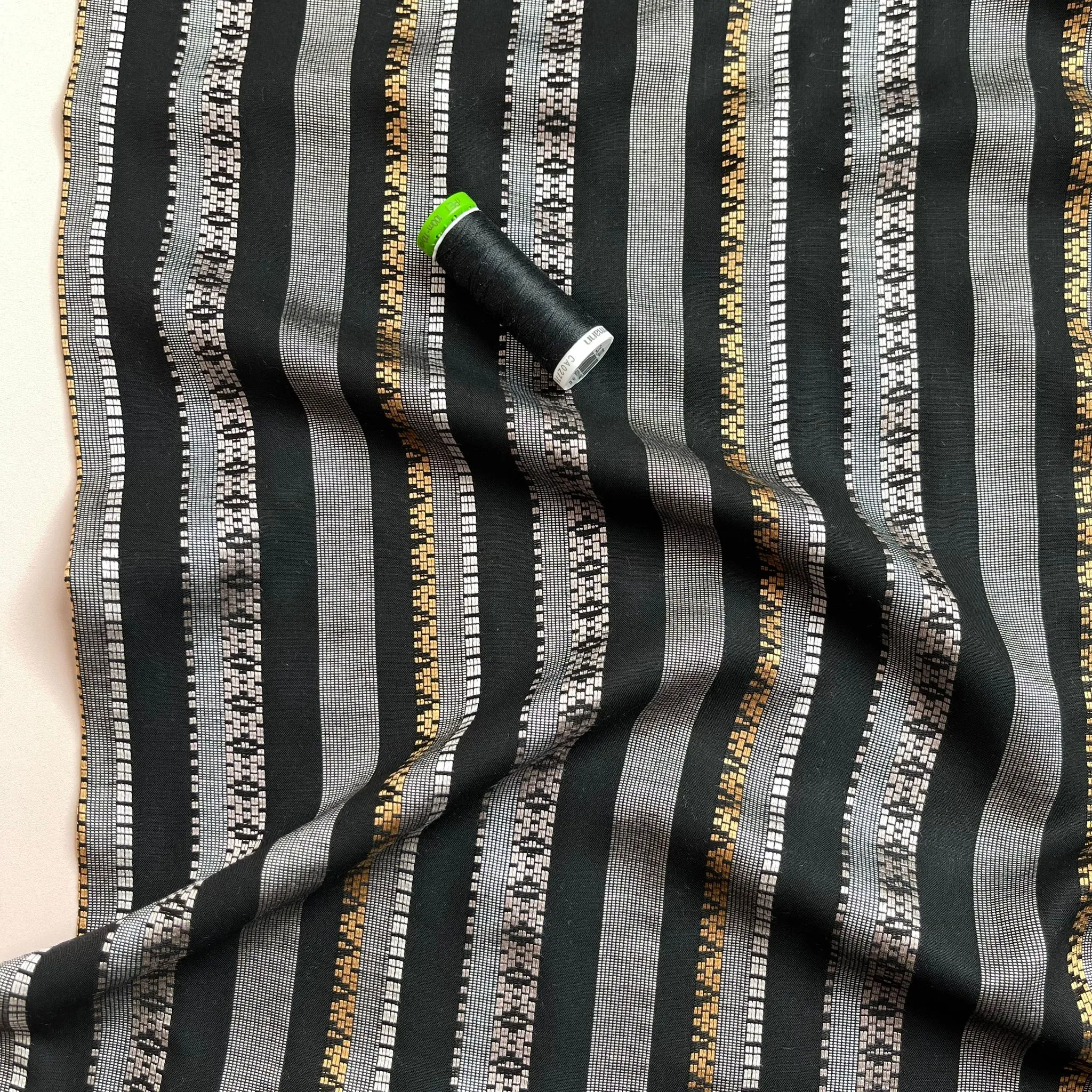 REMNANT 0.28 Metres - Yarn Dyed Embroidered Stripes on Black Viscose Fabric