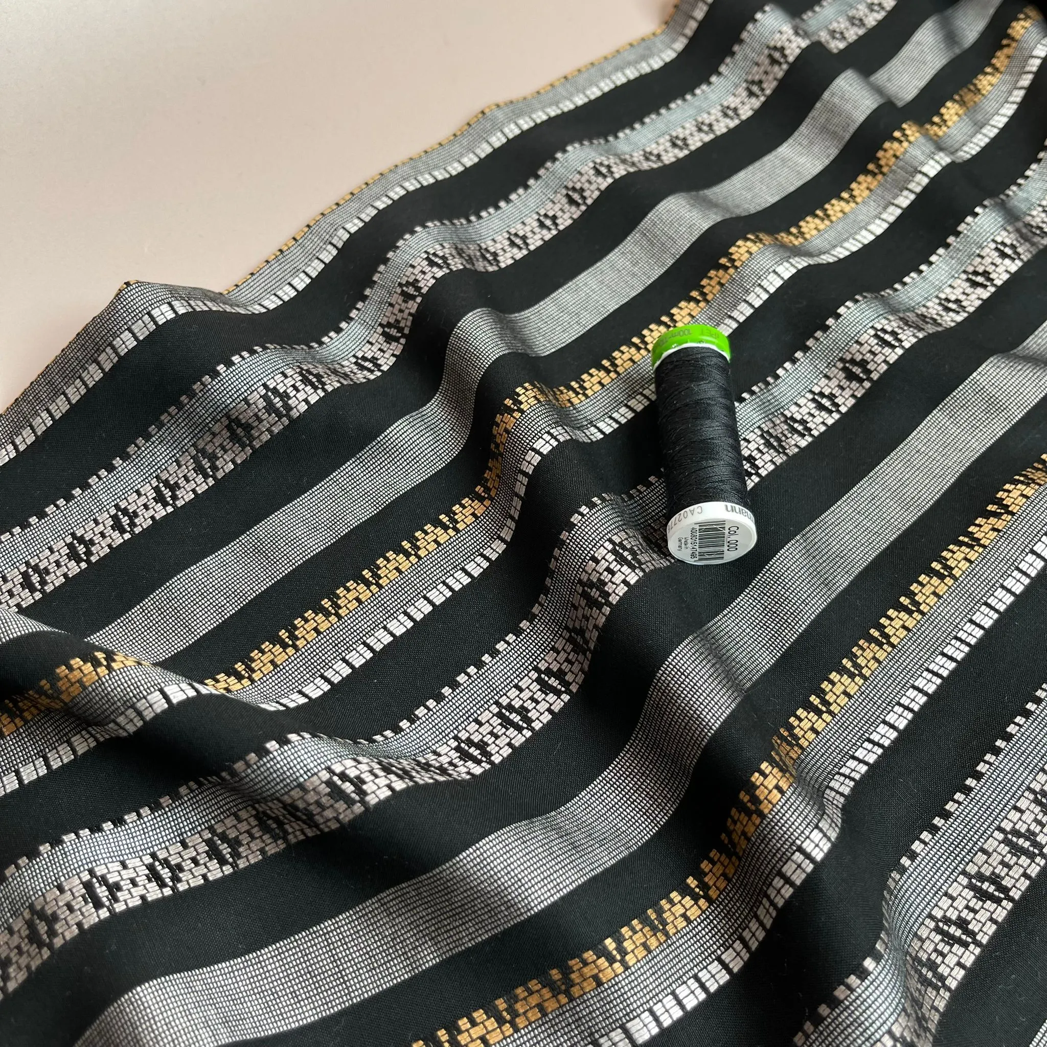 REMNANT 0.28 Metres - Yarn Dyed Embroidered Stripes on Black Viscose Fabric