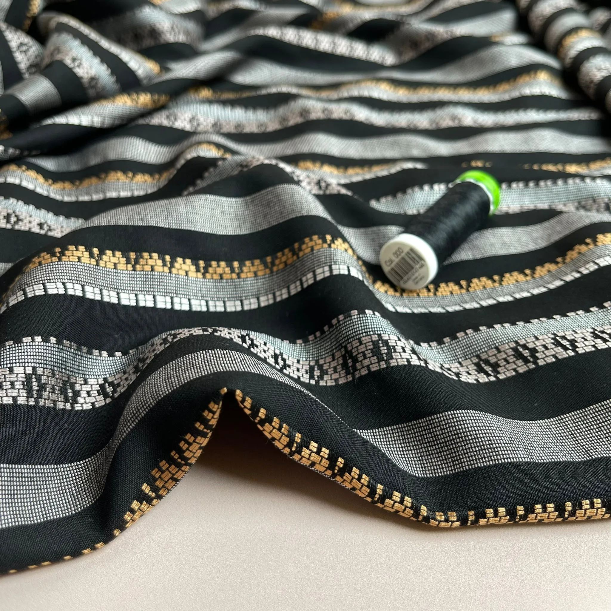 REMNANT 0.28 Metres - Yarn Dyed Embroidered Stripes on Black Viscose Fabric