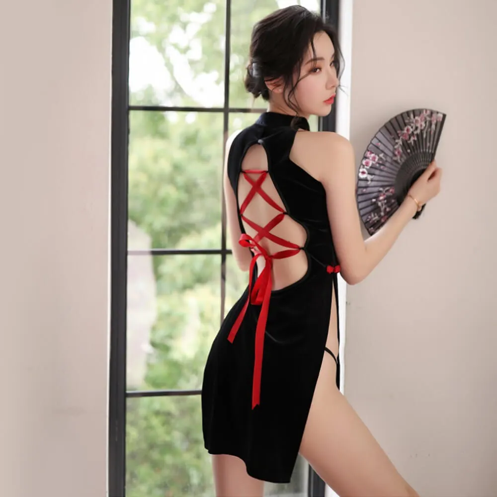 Sexy Hot Cheongsam Side Split Velvet Cross Straps Back Lingerie Costume
