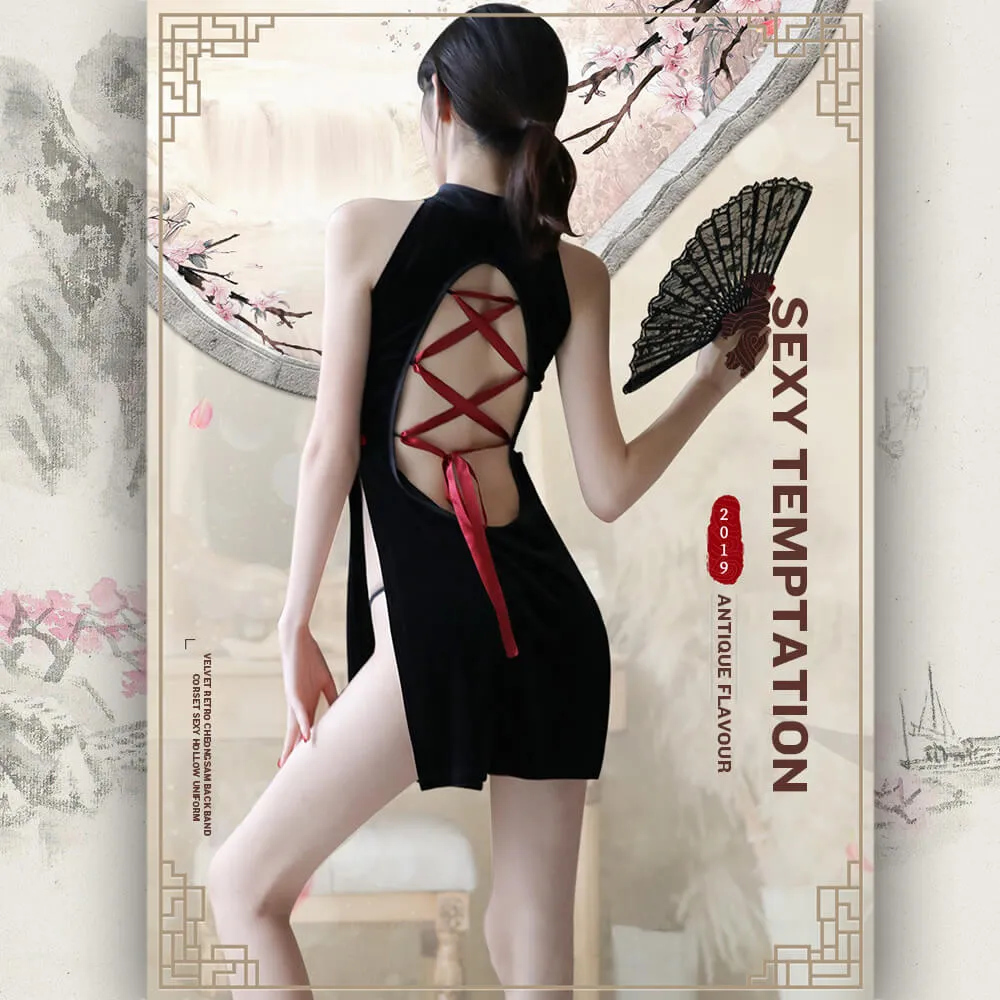 Sexy Hot Cheongsam Side Split Velvet Cross Straps Back Lingerie Costume