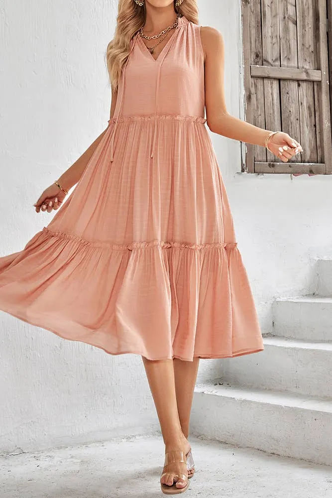 Sleeveless V Neck Tiered Ruffle Dress
