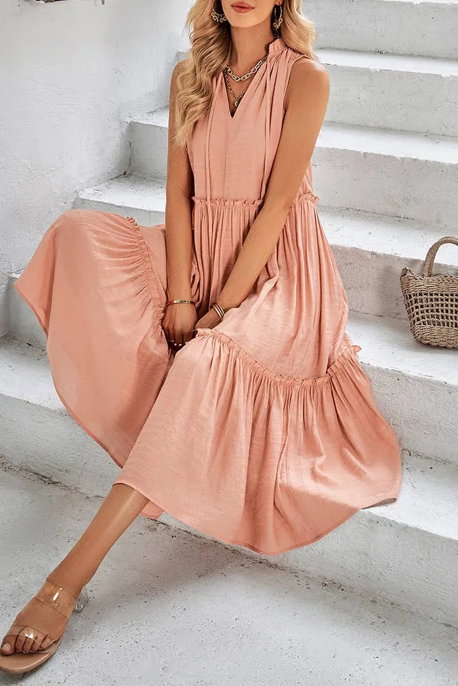 Sleeveless V Neck Tiered Ruffle Dress