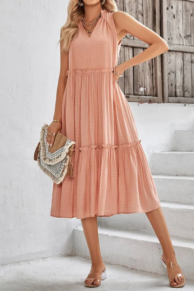 Sleeveless V Neck Tiered Ruffle Dress