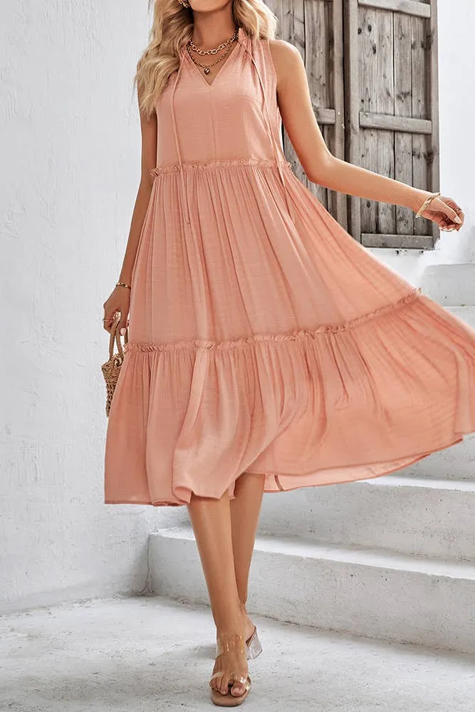 Sleeveless V Neck Tiered Ruffle Dress