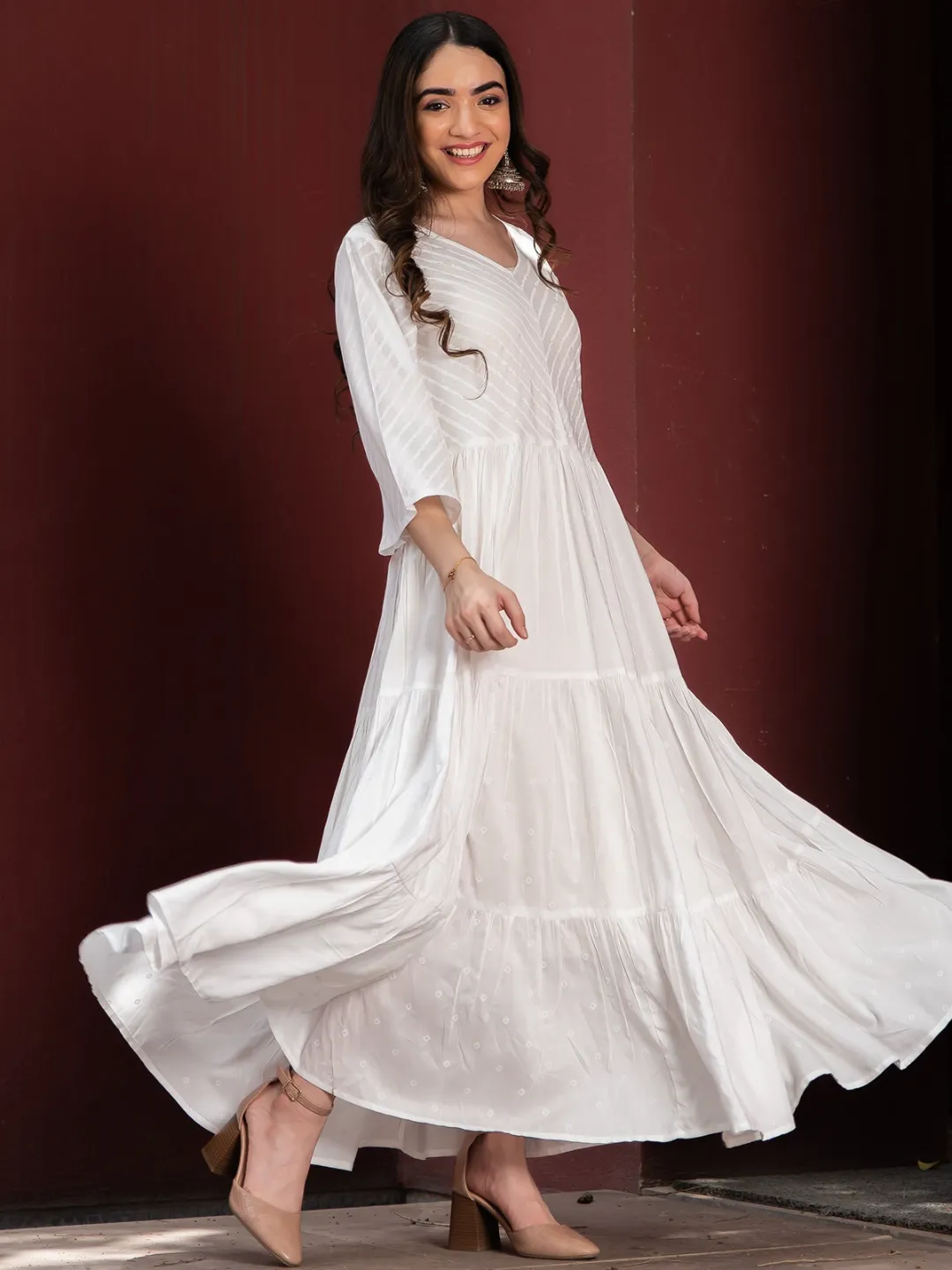 White Bandhani & Stone Printed Tiered Dress