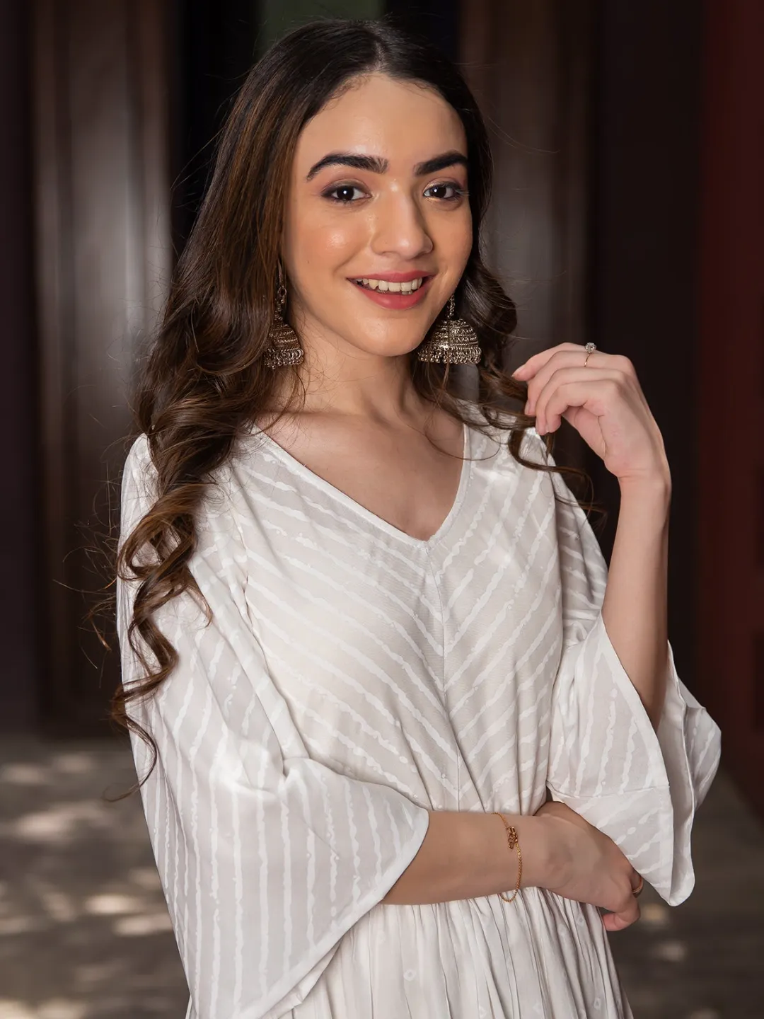 White Bandhani & Stone Printed Tiered Dress