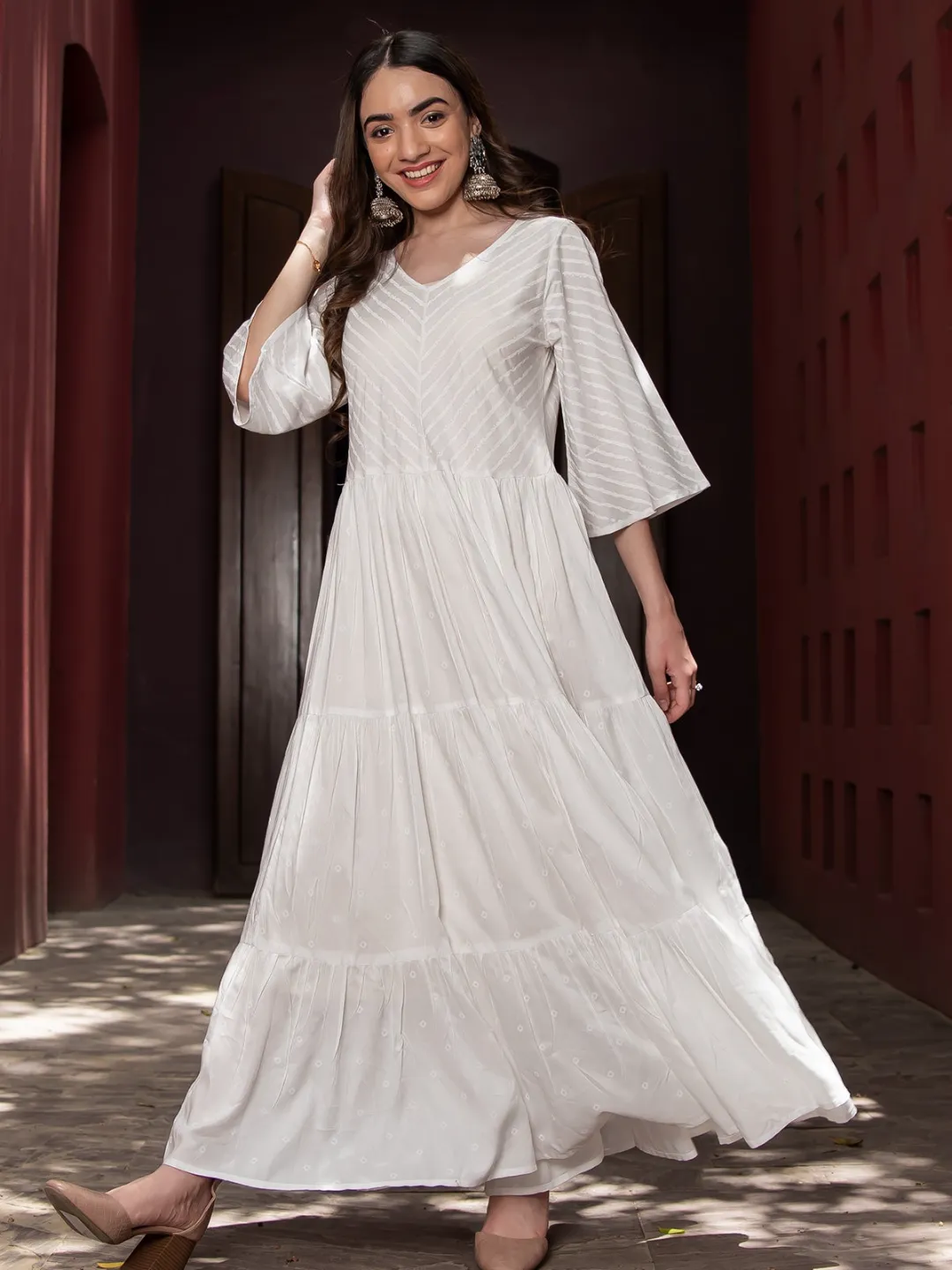 White Bandhani & Stone Printed Tiered Dress