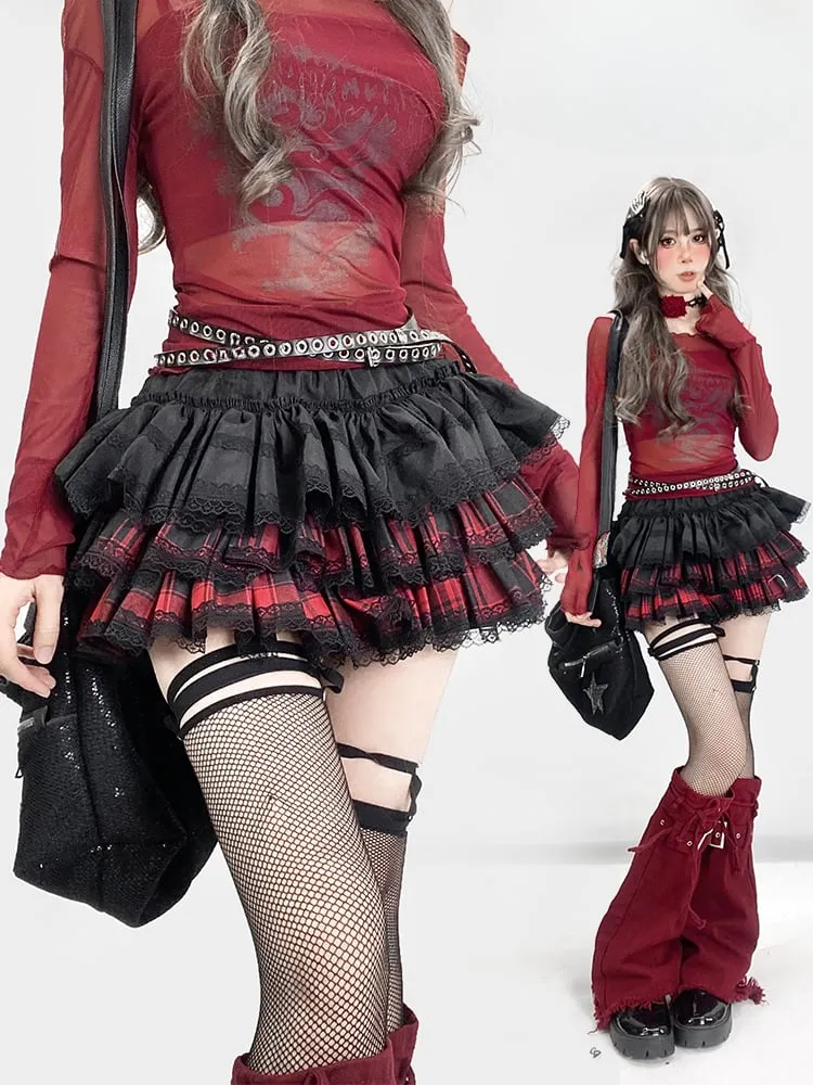 Y2K Redand Black Plaid Lace Trim Thigh-length Lined Tiered Skirt