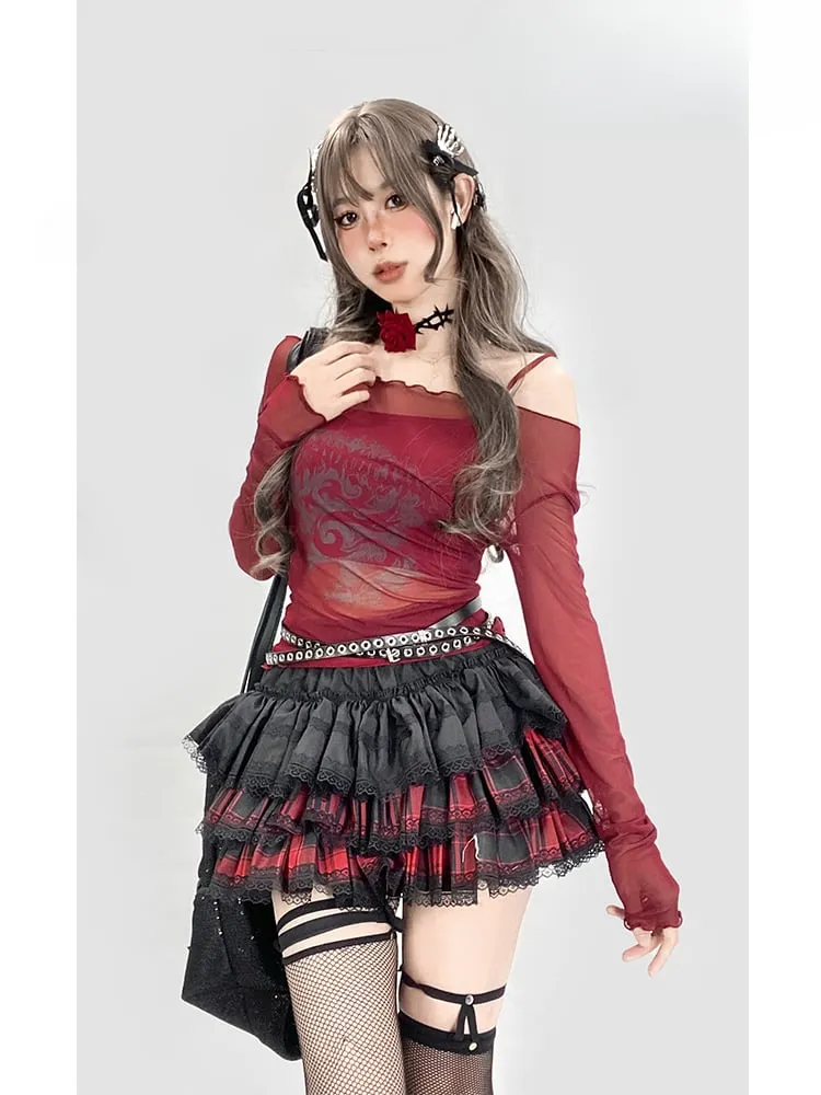 Y2K Redand Black Plaid Lace Trim Thigh-length Lined Tiered Skirt
