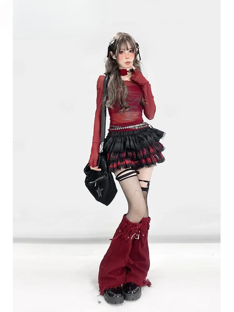 Y2K Redand Black Plaid Lace Trim Thigh-length Lined Tiered Skirt
