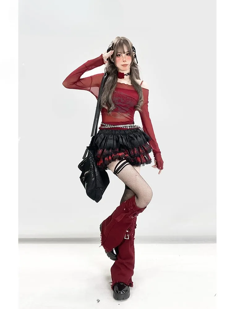 Y2K Redand Black Plaid Lace Trim Thigh-length Lined Tiered Skirt