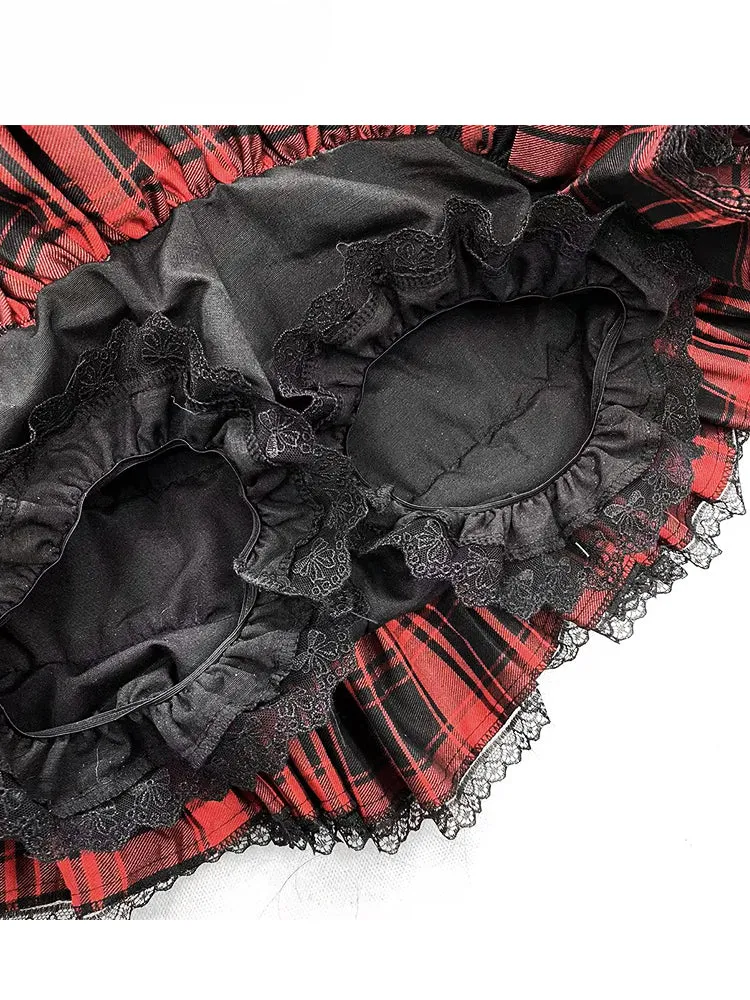 Y2K Redand Black Plaid Lace Trim Thigh-length Lined Tiered Skirt