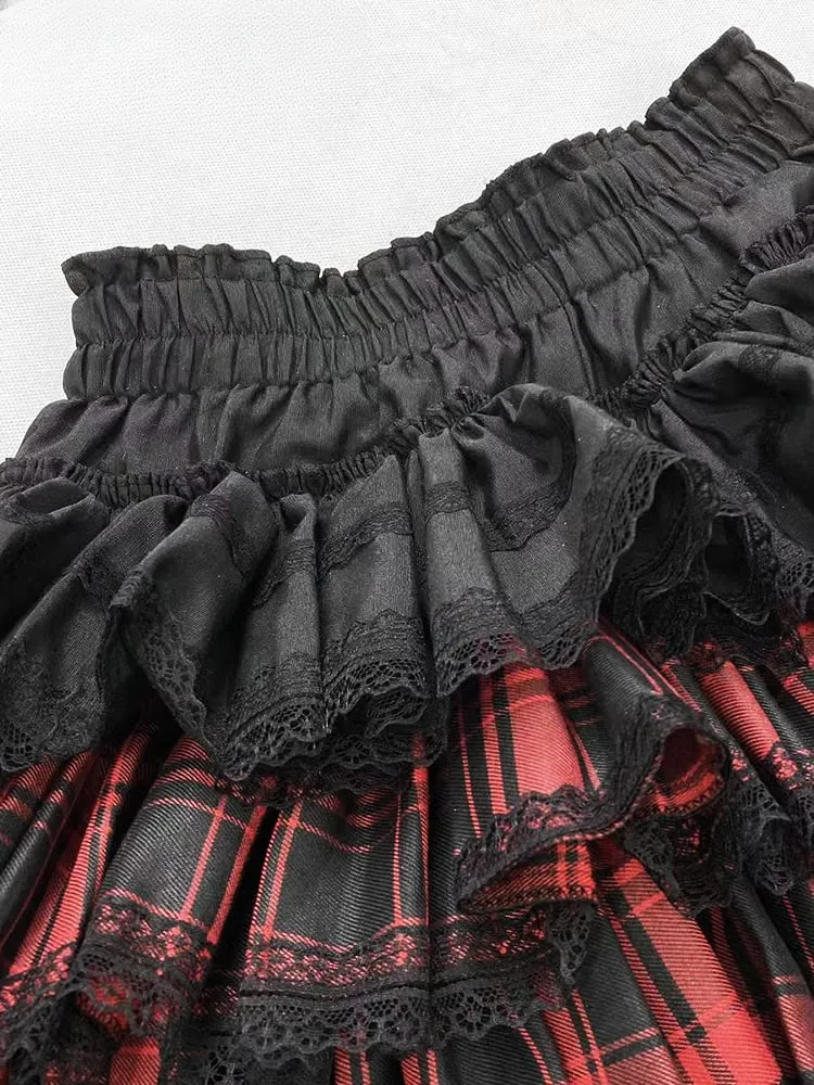 Y2K Redand Black Plaid Lace Trim Thigh-length Lined Tiered Skirt